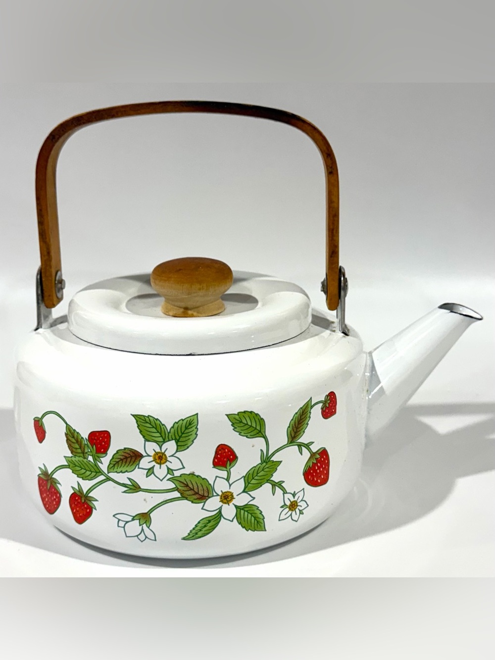 Vintage Strawberry Floral Wood Handle Retro Cottagecore Enamel Tea Kettle